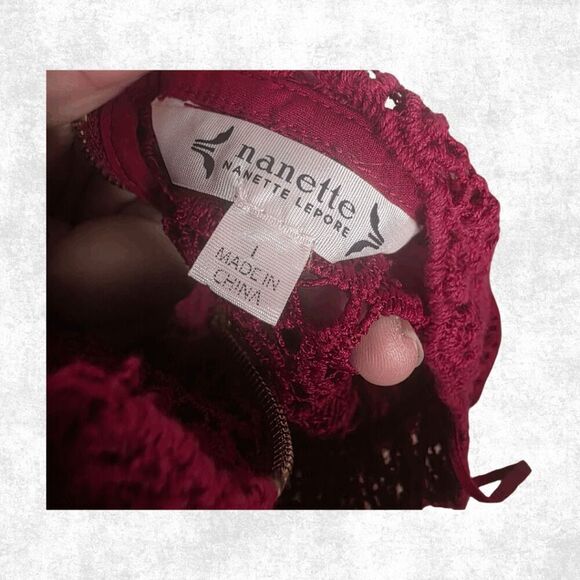 Nanette Lepore Burgundy Lace Blouse Women’s Size L – Sheer High Neck Goth Glam T - Picture 2 of 8